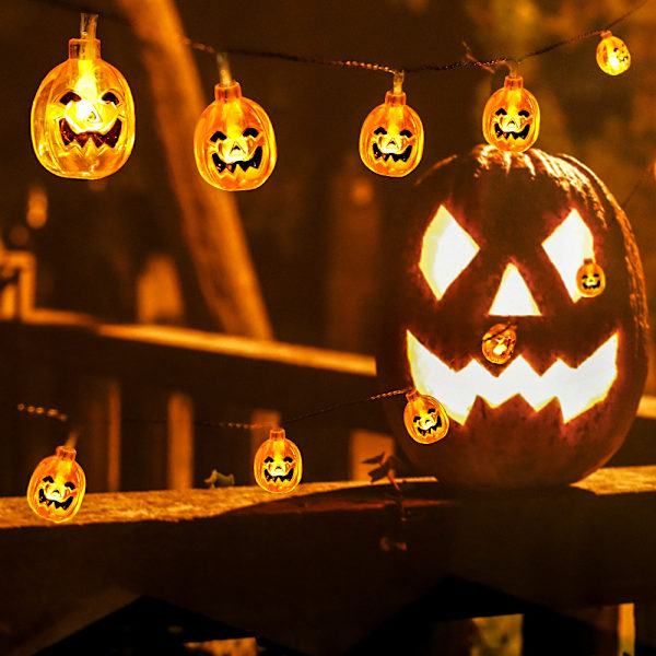 Halloween-dekorasjon, 2m+10stk LED oransje gresskarlyskjede B