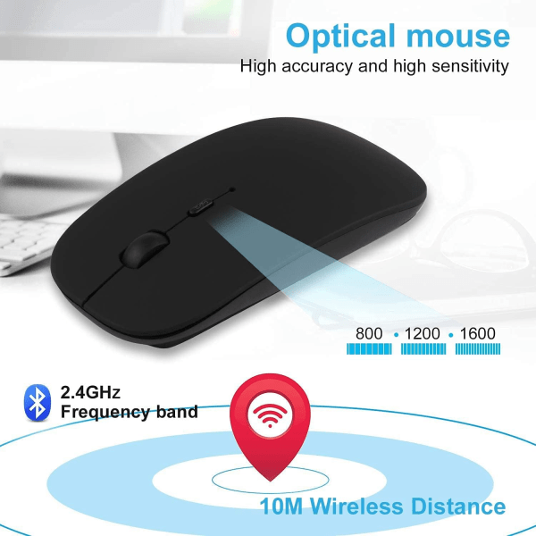 Gjenladbar Bluetooth-mus for bærbar PC, nettbrett, Macbook/iPad/iPhone