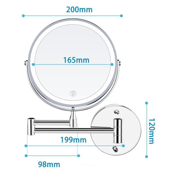 8 tuuman LED-seinään kiinnitettävä meikkpeili, valaistu suurennuspeili,