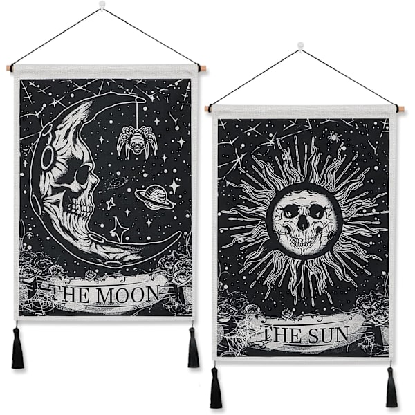 Psykedeelinen Tarot-seinävaate, 2 kpl, kalloaiheinen seinävaate, aurinko ja kuu