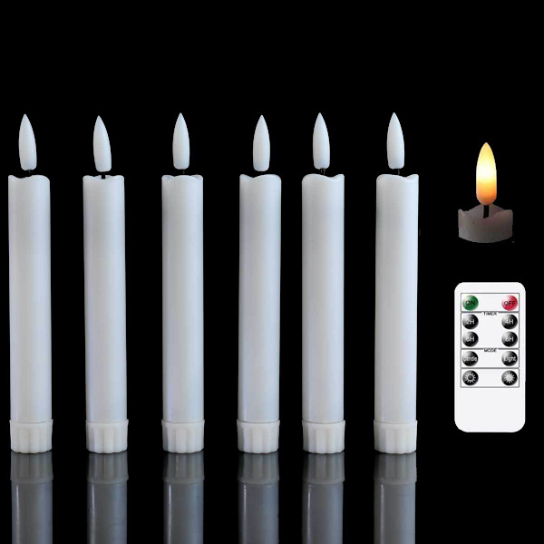 Ett set med 6 vita skal, korta 16,5 cm flamlösa koniska ljus,