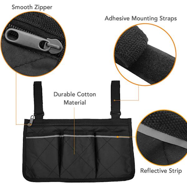 (Mørkeblå) Rullestolsarmlæn Sidetasker med Reflekterende Strimler W