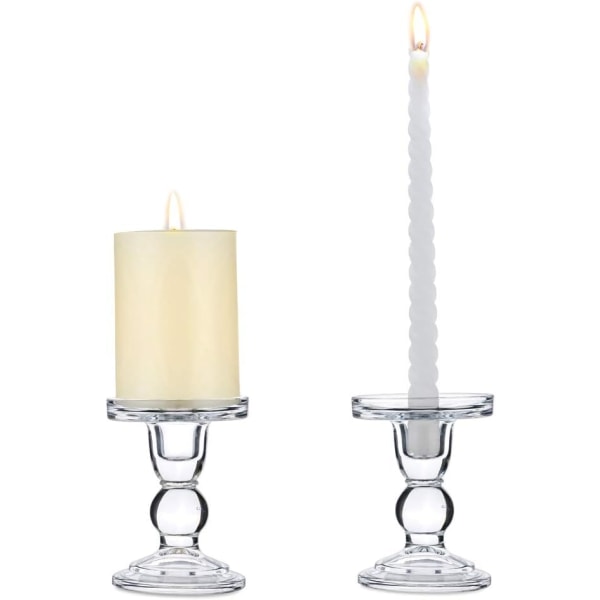 2 stk. klare glas søjlelysestager, højde 11,5 cm D
