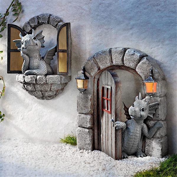 Vacker innergård drakskulptur, drakstaty i harts, heminredning