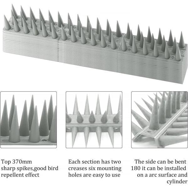 (Grå), Fuglespikes, 14 stk Duer Spikes 4,6 Meter 3 Rader Plast