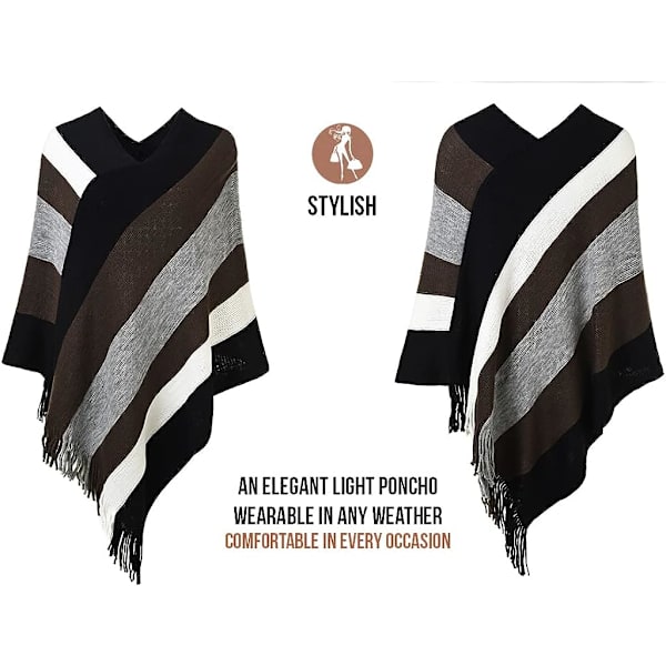 Häcklad poncho med fransar för kvinnor - Scarf med djärva ränder, S