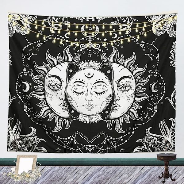 Sol og måne væg gobelin tapet, sort psykedelisk mandala W