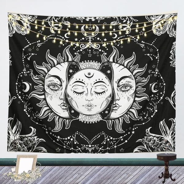 Sun and Moon Wall Tapestry Wallpaper, Black Psychedelic Mandala W