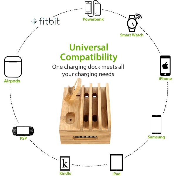 Bamboo Wood Multi-Device Ladestasjon og oppbevaringsboks, Univer