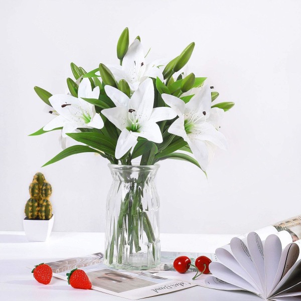 6 konstgjorda liljeblommor Vita buketter, realistiska falska liljor Flo