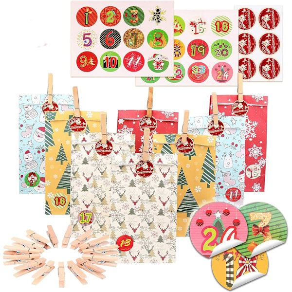 24 stk. adventskalender, 24 stk. papirpose, farverige gaveposer