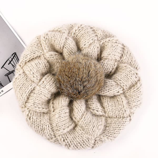 Beige Dam Vinter Stickad Basker Mössa Mode Konstgjord Päls Pompom Varm Be