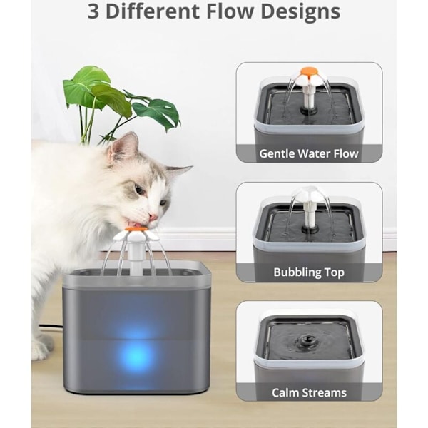 2L, Tyst Katt Vatten Dispenser med Utbytbart Filter, Grå