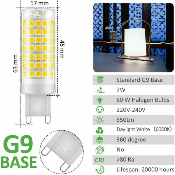 6 stk G9 LED-pære 7W, 430LM, Kald hvit 6000K, 220-240V, CRI 85, N