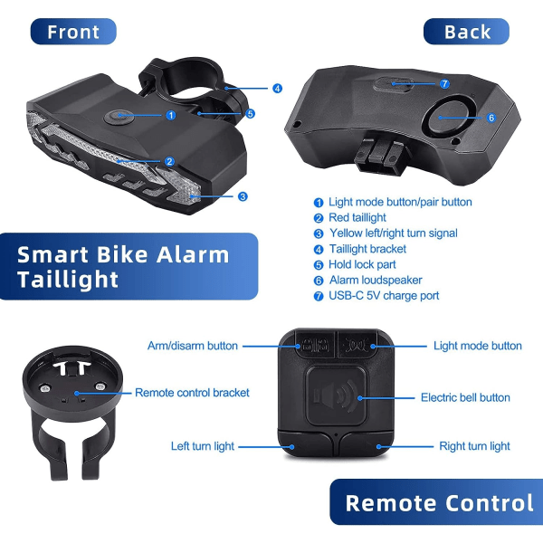 Cykelalarm med fjernbetjening Cykelbaglygte med blinklys