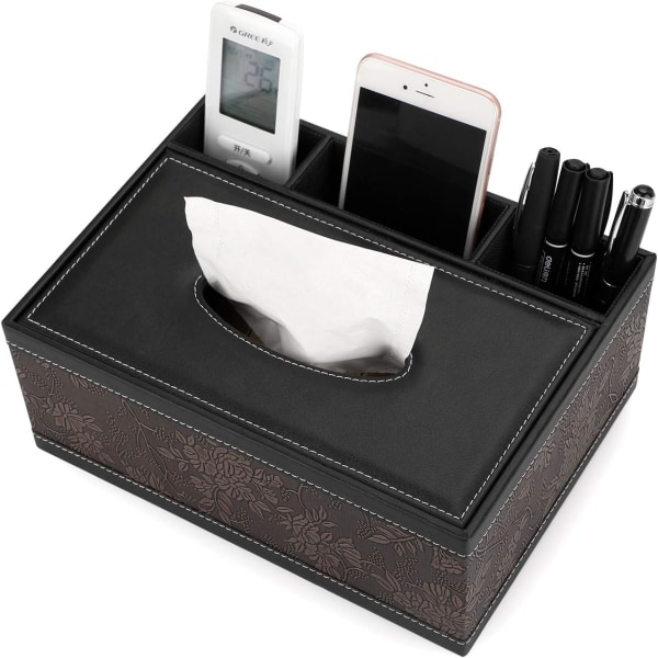 Tissue Box PU Læder Rektangulær Serviet Dispenser med 3 Rum