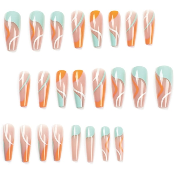 24 st Press on Nails Long, Orange och Mint Green Swirl Fake Nail