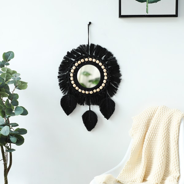 Wall Hanging Mirror with Fringe Round Wall Mounted Decorative Mir