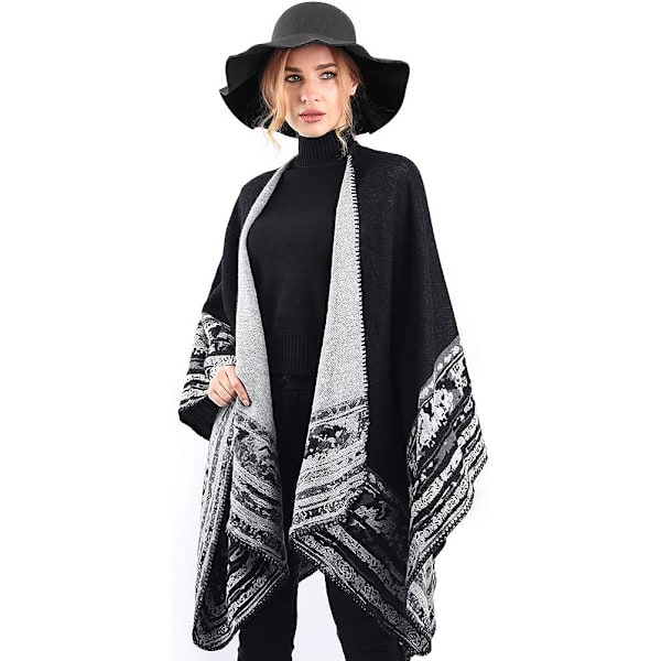 Kvinnors Retro Öppen Sjal Poncho - Rutig Tryckt Stickad Tröja Rock
