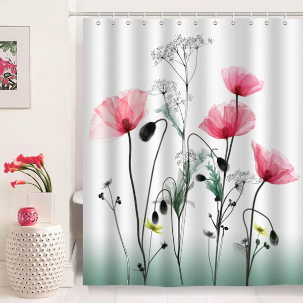1 stk. Rød Blomster Bruseforhæng 180 x 200cm Bruseforhæng Polyeste