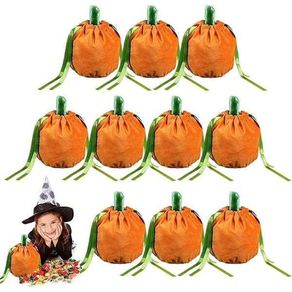 10 kappaletta samettikankaasta valmistettuja kurpitsakarkkipusseja, Halloween-nyörilahja