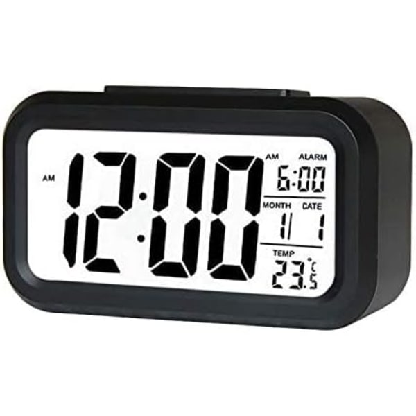 LCD-väckarklocka utan tickande ljud med ljus, datum, kalender och temperatur