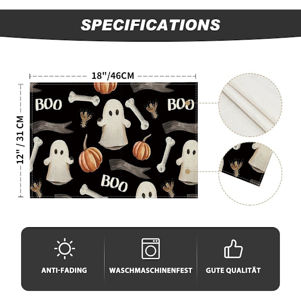 Set med 4 st placemattor 30 x 45 cm för Halloween, tvättbara, för ki