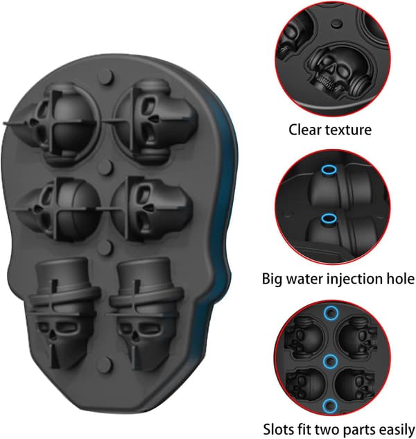 (1 * 6 Skull Cubes  Black) 3D Skull Ice Cube Tray med lokk, Silic