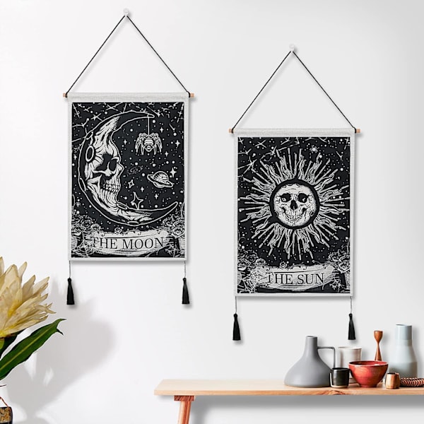 Set med 2 psykedeliska tarot-tapestrieskallar, tapestriesol, måne