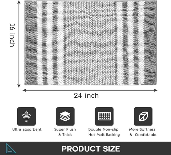 (Grå) Bademåtte 40x 60 cm Ekstra blød og absorberende Fluffy Stri