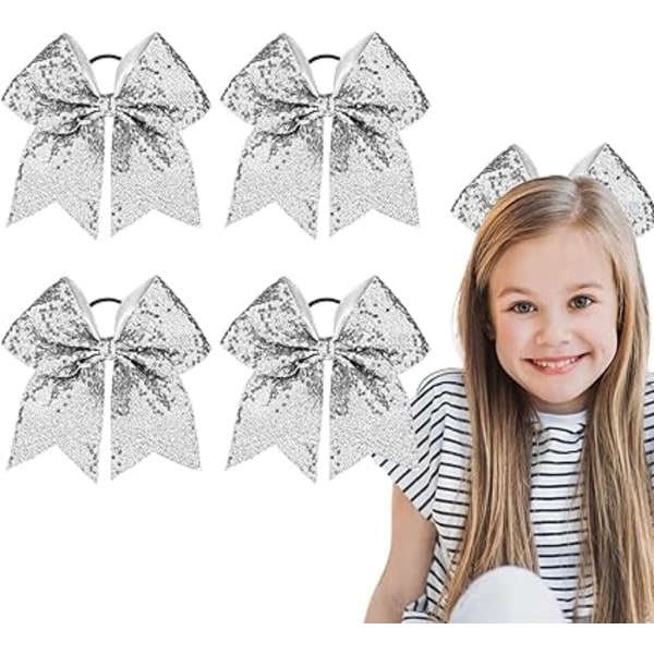 4 Pack, Silver, Pack of Hair Bows, Ribbon Headbands, Girls Elasti