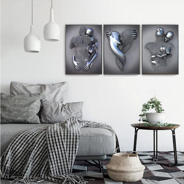 3 st silver 45x60cm ramfri väggkonst canvas tryck, metalltråd sc
