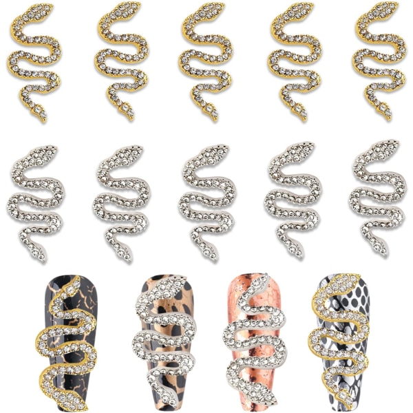 10 stykker Snake Nail Charms 3D Snake Rhinestone Nail Art Charms D