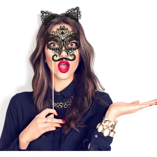 1 kostymsats för kvinnor flickor Venetiansk spets ögonmask för Halloween med katt