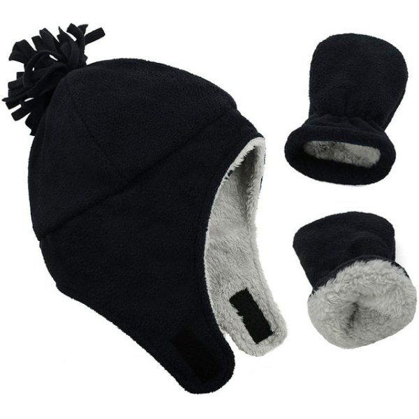 Suitable for 6-18 months, black toddler hat and glove set with wa