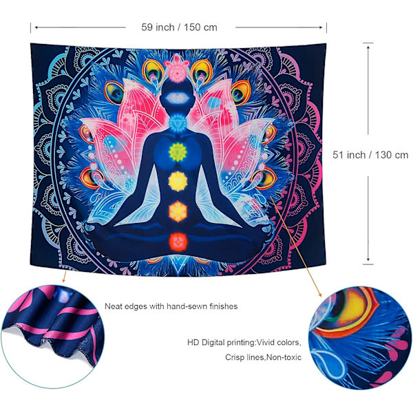 Seitsemän chakran seinävaate värikäs psykedeelinen mandala seinävaate jooga