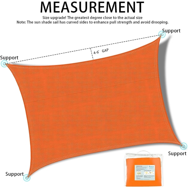 3x4m Rektangulær skygge seil（Orange）, Vanntett UV-beskyttelse kan