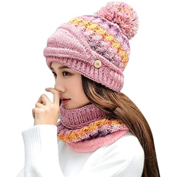 Pink Women Knitted Hat Scarf Set Winter Knitted Hat Thick Crochet