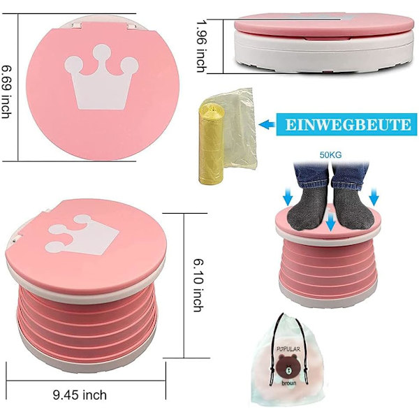 Sammenklappelig toilet (pink) til børn, sammenklappelig rejsepotte, bærbar baby