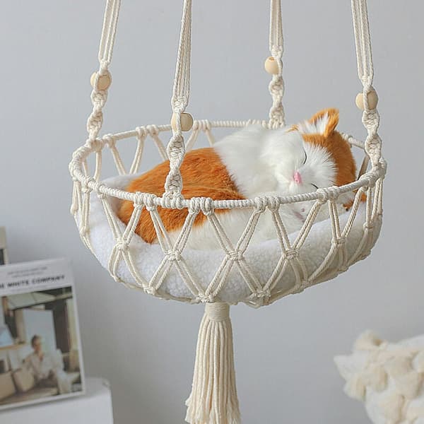 1 st trä macrame katthängmatta och vävd bomullsrep att hänga (30x