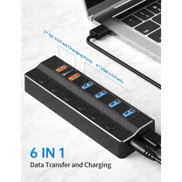 Powered USB 3.0 Hub, 6 Port USB Hub (4 USB 3.0 dataporte og 2 Q