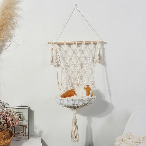 1 st trä macrame katthängmatta och vävd bomullsrep att hänga (30x