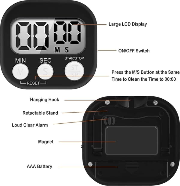 2 stk. Hvid, Sort Magnetisk Køkken Timer, Digital Tidstimer