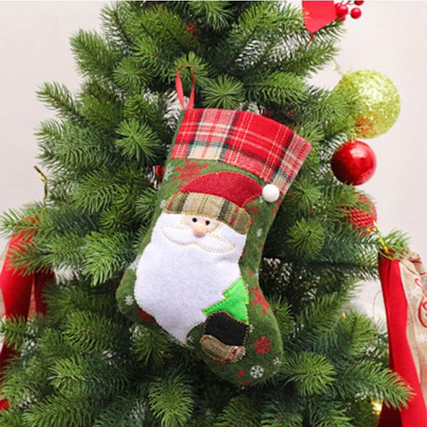 3 st julstrumpor, tomte, snögubbe och renar, stora