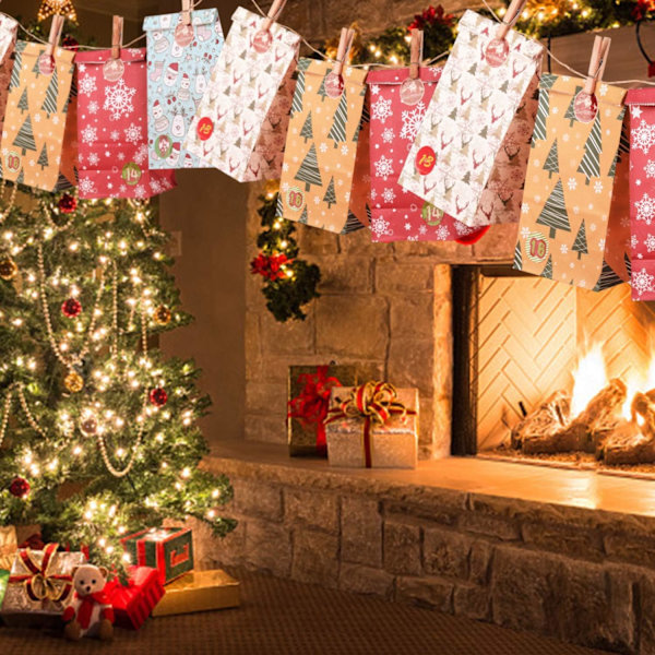 24 stk. adventskalender, 24 stk. papirpose, farverige gaveposer