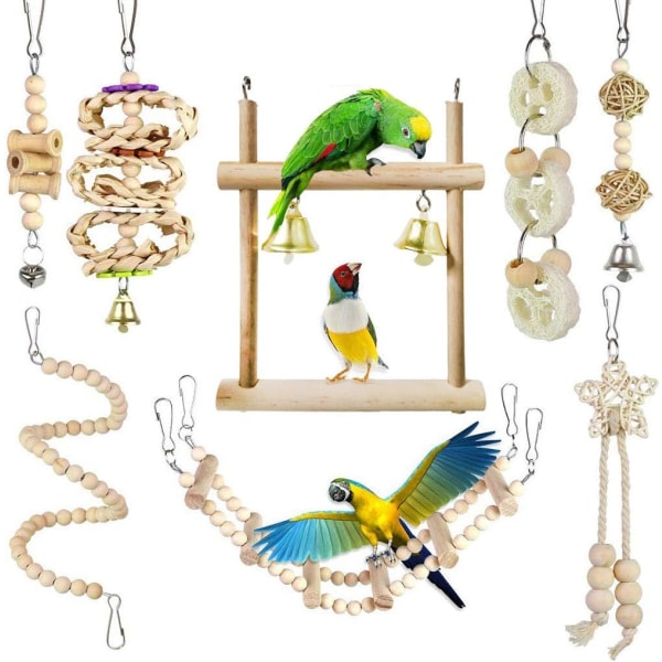 8 Pack Bird Parrot Toy Chew Leker med hengekøye Swing Bell Chain Pe