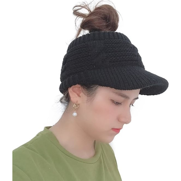 Beanie Tail Vinter Varma Stickad Messy Hög Bun Hästsvans Mössor Visor B