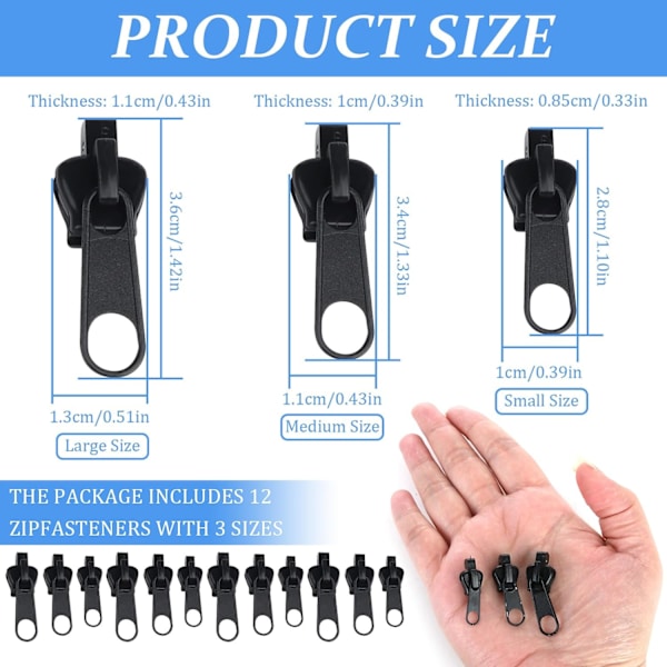 (Svart) 12 st Clip-on dragkedja Slider, punwey Instant Replacement Z