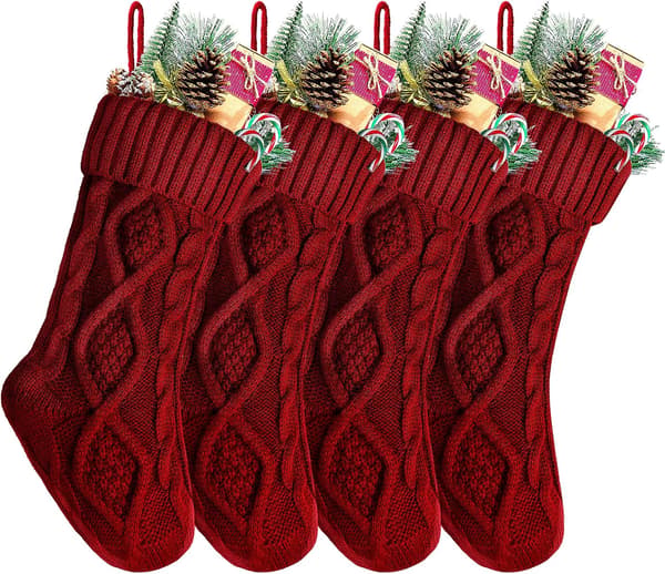 14\" 4-pack unika vinröda stickade julstrumpor, stil 2