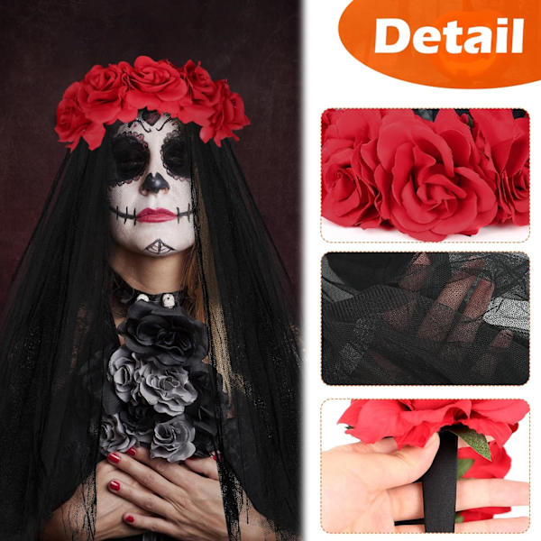 1PC Rød Hodebånd Dag for de døde, Halloween Gotisk Hodeplagg Rose